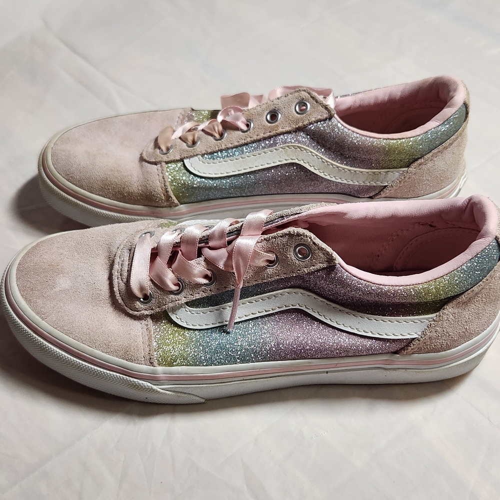 VANS Girls Sparkle Pink Rainbow OLD SKOOL Sneakers Glitter Suede Ribbon SZ 3